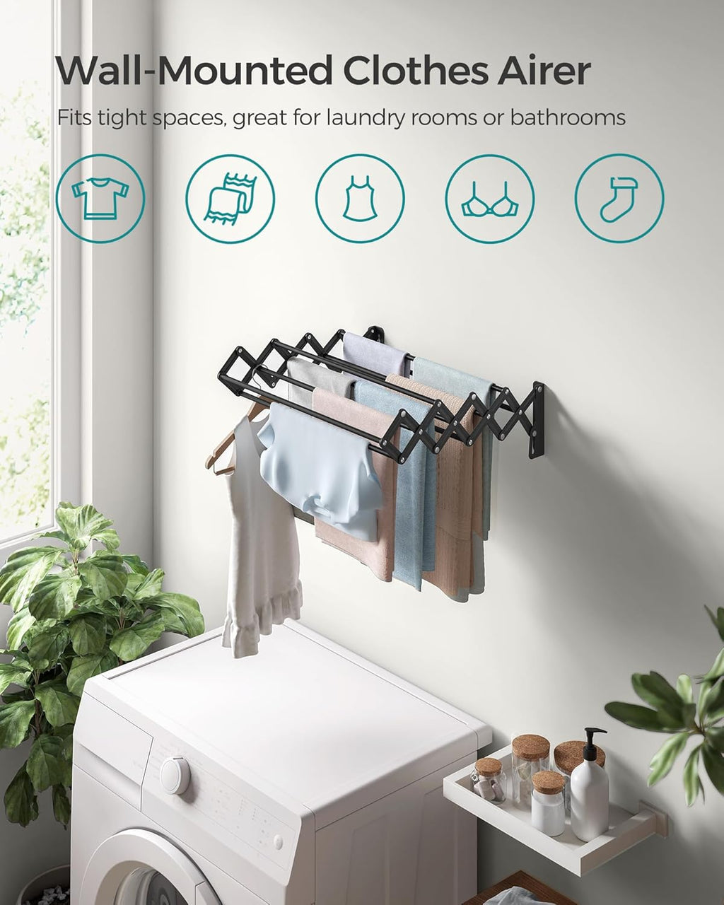 SONGMICS Clothes Drying Rack, Wall-Mounted Drying Rack Clothing, Small Accordion Laundry Rack, 9 Staggered Hanging Rods, Expandable and Retractable, Ink Black ULLR802B01