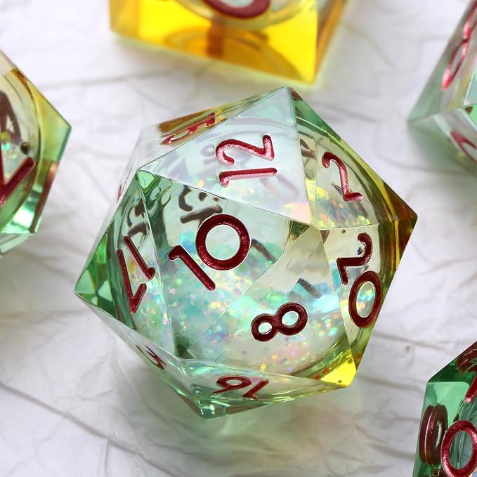 Glitter Liquid Core Sharp D&D Dice, DNDND Handmade Resin Sharp Edge DND Dice Set with Dragon Metal Gift Case for Dungeons and Dragon Tabletop Games (Liquid Yellow and Green)