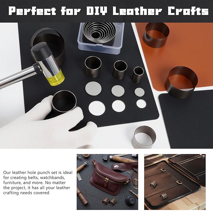 21 Pieces Leather Circle Cutter Tool Set, Hole Punch Tools with 1-12mm 15 20 25 30 35 40 45 50 55mm, High Carbon Steel Round Cutting Dies, Hole Punch Tool Kit for DIY Leather Crafts