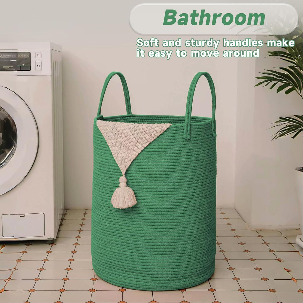 Large Woven Laundry Basket Hamper,100L Cotton Rope Storage Bin for Blankets,Toys and Clothes,Decorative Tall Nursery Hamper for Living Room,Baby Nursery,Bathroom and Bedroom,Dark Green