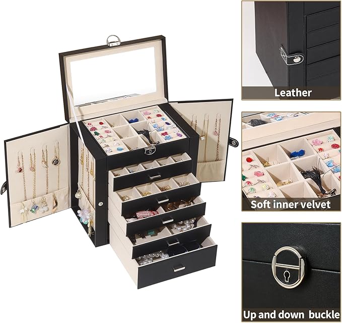 BOOVO Jewelry Box For women, 6 Layer Large Jewelry Organizer With Mirror, Multi-Function Storage Box With Lock, Accessory Holder With 5 Drawers, For Earrings Necklace Ring Bracelet (Black)