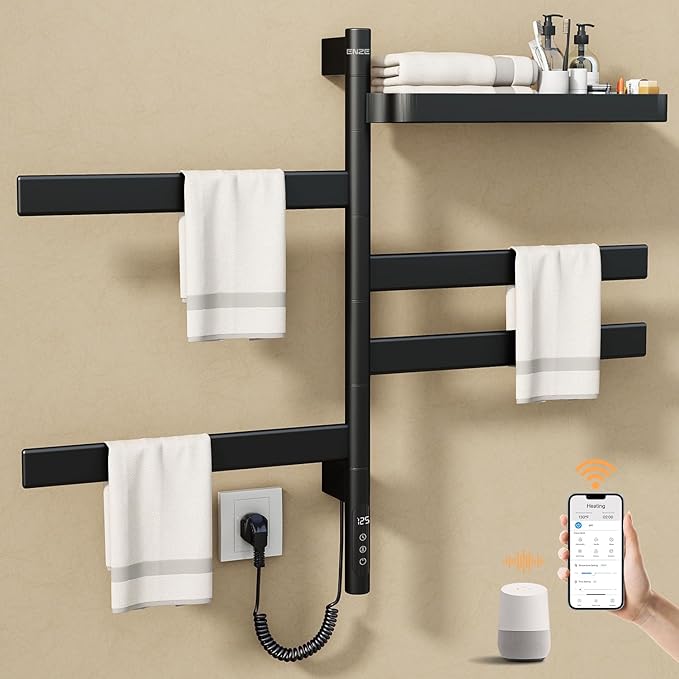 ENZE Smart Rotating Heated Towel Rack for Bathroom, Wall-Mounted Electric Towel Dryer with Swivel Bars & Shelf, Smart Timer, Low Carbon Steel, Plug-in/Hardwired, Towel Warmer with Wi-Fi App Control