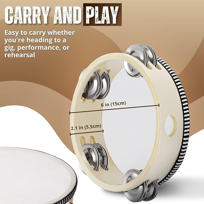 Flexzion Wood Handheld Tambourine Adults 6-Inch Double Row 8-Pair Jingles (Wood) - Percussion Round Tamborines Musical Instrument with Metal Zills