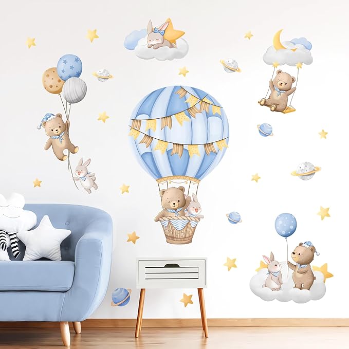 Tanlaby Blue Hot Air Balloon Wall Stickers Cartoon Bear Rabbit Stars Planets Wall Decals Peel and Stick Art Decor for Nursery Kids Bedroom Playroom Daycare Classroom