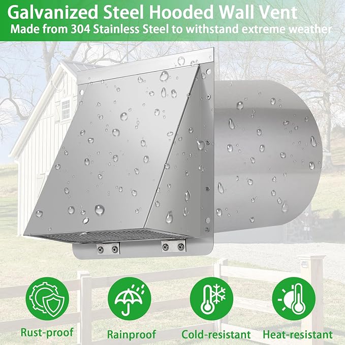 Dryer Vent Cover Outdoor 4 Inch,Dryer Vent Cover Outside,Exterior Hooded Wall Vent w/Screen & Damper,Wall Mount Extractor Vent Cap Exhaust Vent Cover for Dryer Duct AC Air Ventilation,Stainless Steel