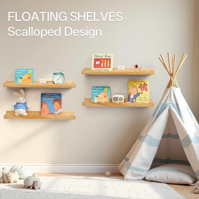Nursery Book Shelves, Scalloped Floating Shelves Set of 2 Solid Pine Wood Wall Mounted Bookshelf with Wave Lip for Bedroom Kids, Toddler Room, Baby Room 24inch Natural