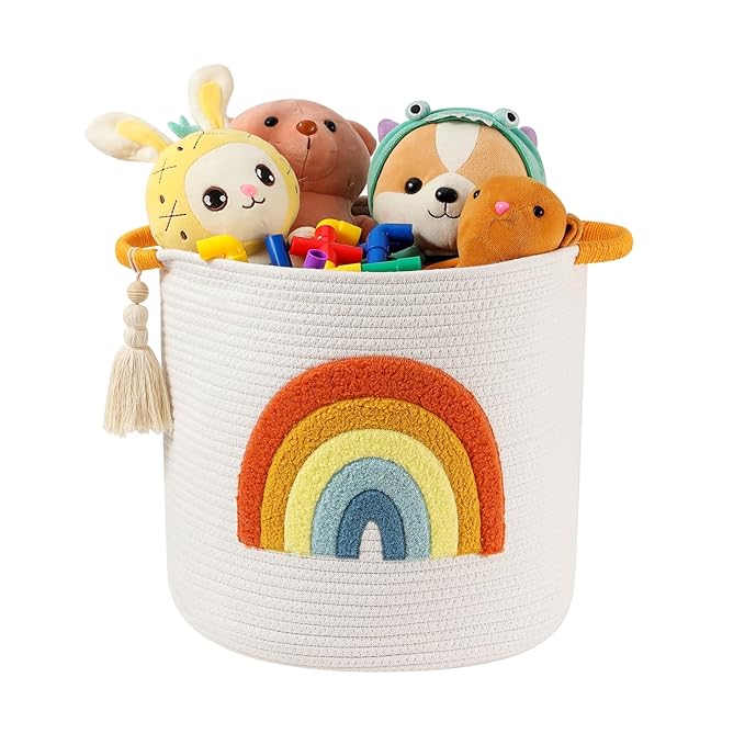 INough Toy Storage Baskets Woven Cotton Rope Storage Basket Kids Blanket Baskets for Living Room, Toys Organizer with Embroidery Colorful Rainbow Decor, Baby Basket for Laundry Nursery (Boho Rainbow)