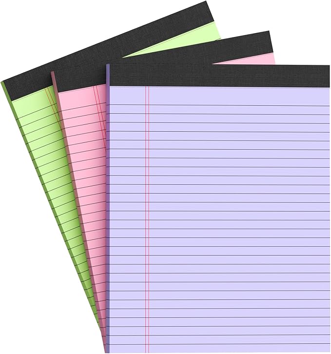 Colored Legal Pads 8.5 x 11 Note Pads 8.5 x 11 inch, Wide Ruled Clear Print Writing Pads 30 Sheets/Pad, 80gsm Colored Paper, Perforated Notepad with Sturdy Back (3 Pads)