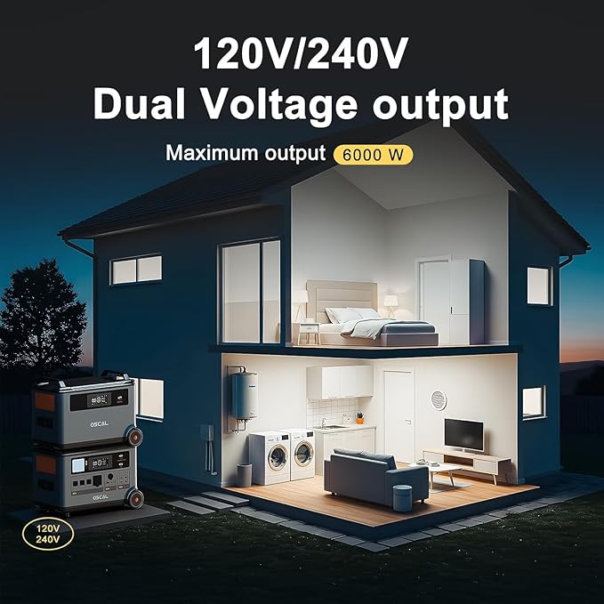 OSCAL PowerMax 6000 Solar Generator with 2x200W Solar Panel, 120V/240V Split Phase Voltage 6000W AC Outlets (7200W Peak), 2200W AC Charging/2400W PV Charging for Home, Emergency, Bank Battery Backup