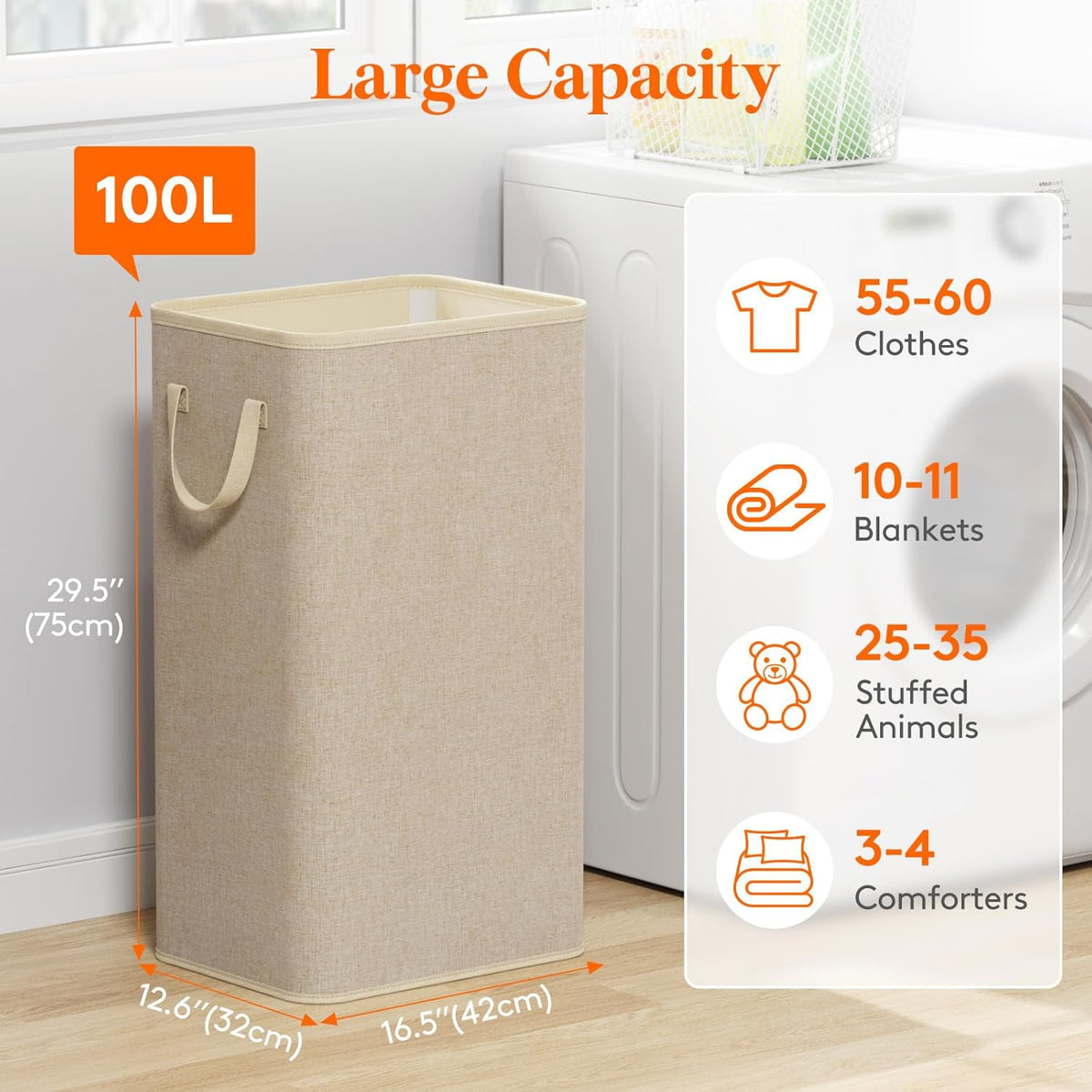 Lifewit 100L Large Tall Laundry Hamper, Collapsible Laundry Basket with Handles, Foldable Clothes Hampers for Laundry, Portable Dirty Clothes Hamper for Dorm College Bedroom Bathroom, Beige