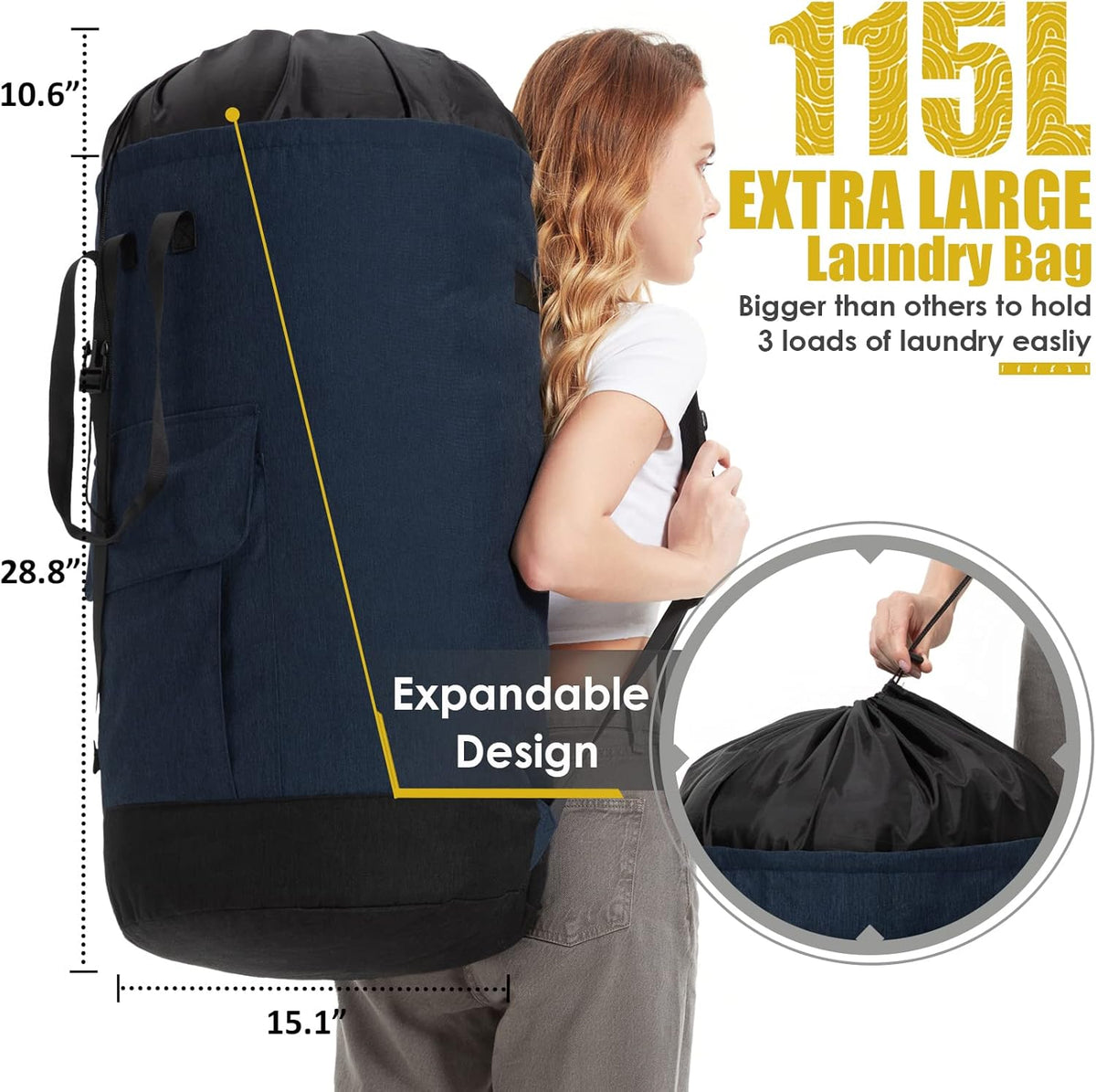 Laundry Bag Backpack Extra Large, Heavy Duty Laundry Bag With Straps, College Dorm Room Essentials, Dirty Clothes Bag for Travel, Beach, Camping, Apartment and Laundromat
