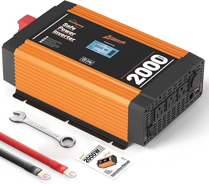 Ampeak 2000W Pure Sine Wave Inverter 12V DC to 120V AC LCD Display Power Inverter 17 Protections 3AC Outlets Dual 5V/3.1A USB Ports for Emergency Backup