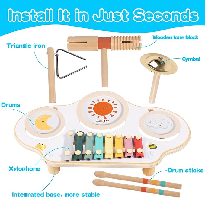Kids Drum Set - 9 in 1 Baby Drum Set for Toddlers - Montessori Musical Instruments Toy for Babies - Wooden Xylophone Musical Toys for Boys and Girls