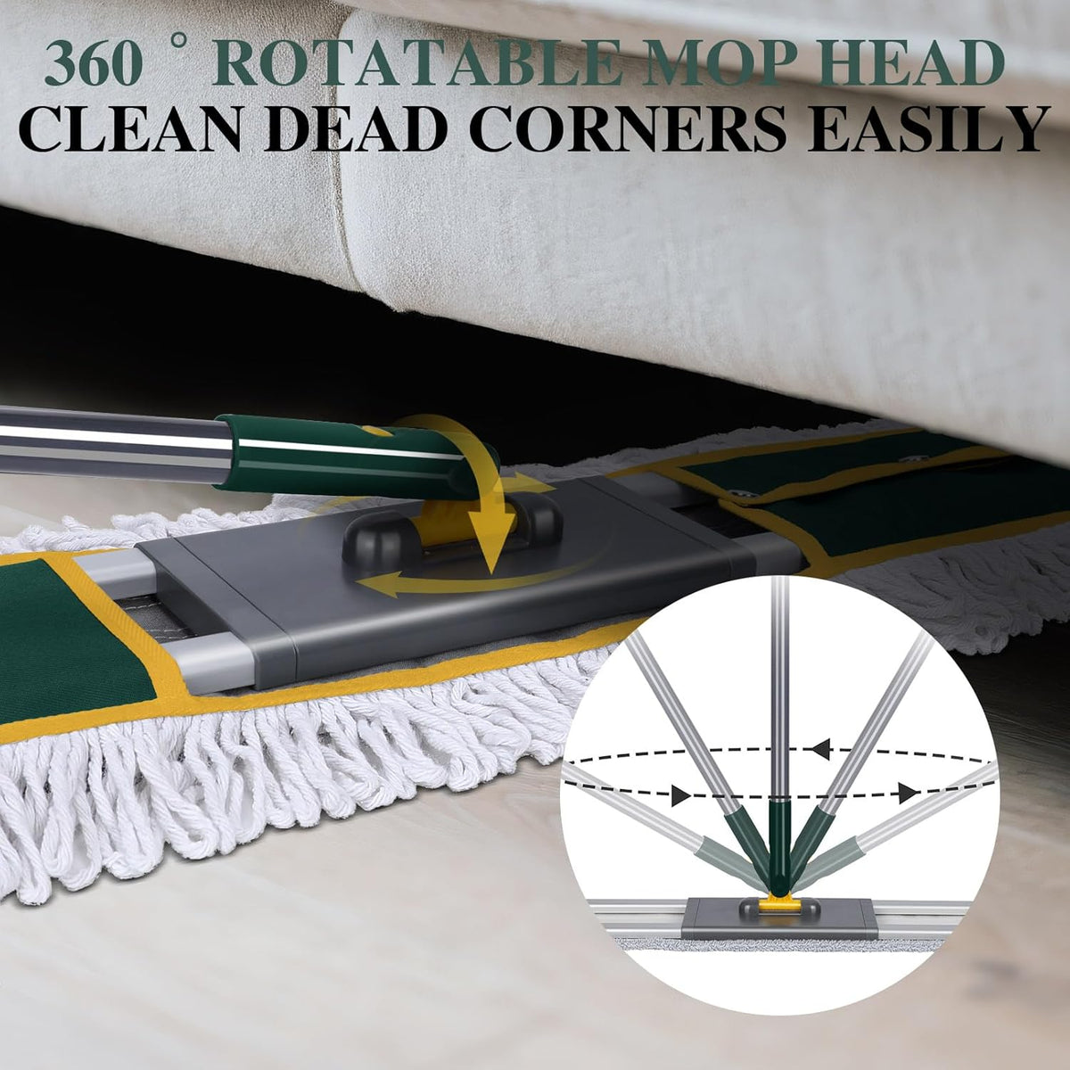 36" Commercial Mop, Masthome Heavy Duty Industrial Mop for Floor Cleaning,Commercial Dust Mop with 3 Reusable Pads,60”Long Handle Wet Dry Flat Mops for Hardwood Floors, Marble, Laminate, Tile(Green)