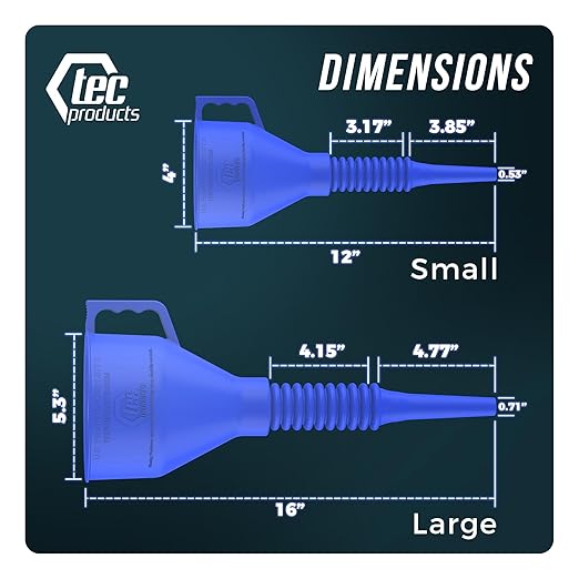 TEC Products FlexAll Long Flexible Funnels - Automotive Oil Funnel with Hose, Durable Nitrile Rubber for Oil Change, Transmission Funnel Fluid, Diesel, Fuel, Gas - Made in USA - Blue (16 x 5 Inches)