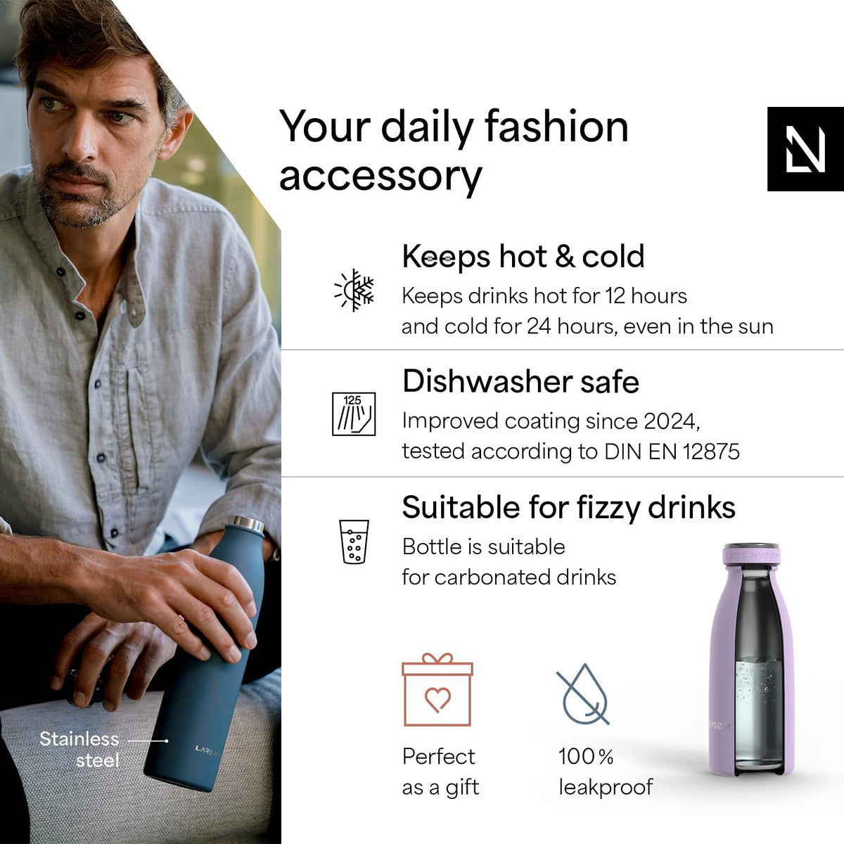 LARS NYSØM Stainless Steel Insulated Water Bottle 12oz 17oz 25oz 34oz 51oz | Insulated Thermo Flask for Hot and Cold Beverages | Leakproof Drinking Bottle (Lavender Purple, 11.9oz)