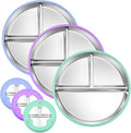 3-Pack Stainless Steel Baby Plates with Suction, BPA-Free Stainless Steel Kids Plates, 9” Divided Toddler Plate for Dishwasher Safe, Non-Slip Silicone Base, Detachable (Blue, Green, Purple)