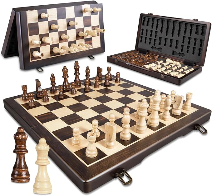 Magnetic Wooden Chess Set for Adults Kids,15" Folding Chess Board with Wood Texture 2 Extra Queens - Handmade Pieces Travel Board Games for Professional Beginner