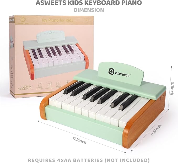 Asweets 18 Keys Piano Keyboard for Kids, Toddler Music Educational Instrument Toy, Wooden Piano for Toddlers Girls & Boys, Green