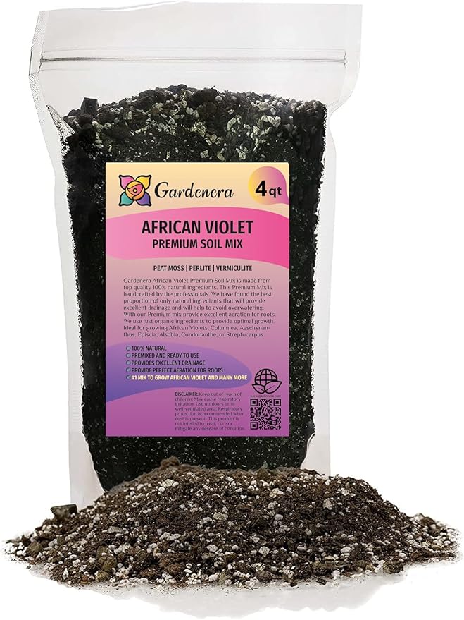 Premium African Violets and Gesneriad Premium Soil Mix by Gardenera - Horticultural Perlite (25%) + Vermiculite (25%) + Sphagnum Peat Moss (50%) - Made in USA - (4 Quart Bag)