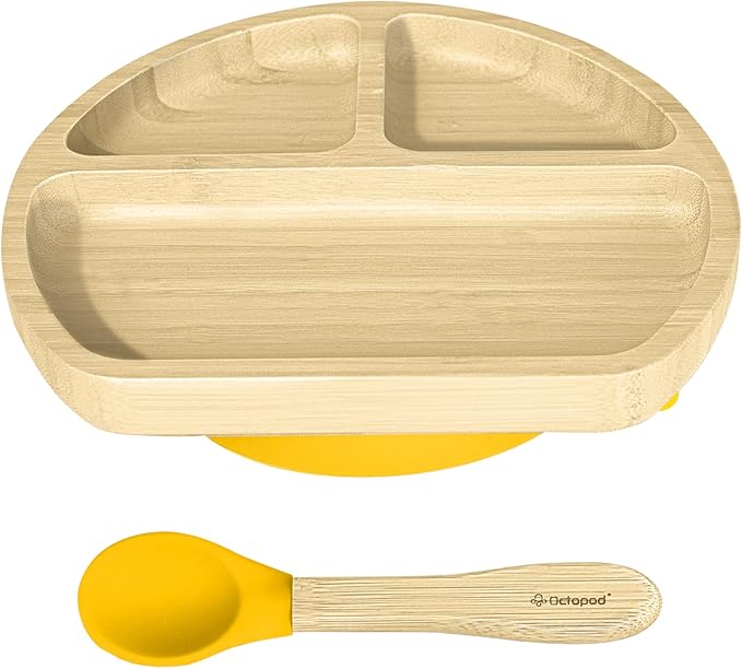 Abiie Octopod Bamboo Dish - Kids Plates for 4 months and up, 3-Compartment Baby Plates with Suction, Triangle Bamboo Baby Plate, Mess-Free Toddler Suction Plates, Baby Feeding Supplies, 8.3x1.9x7.7 in