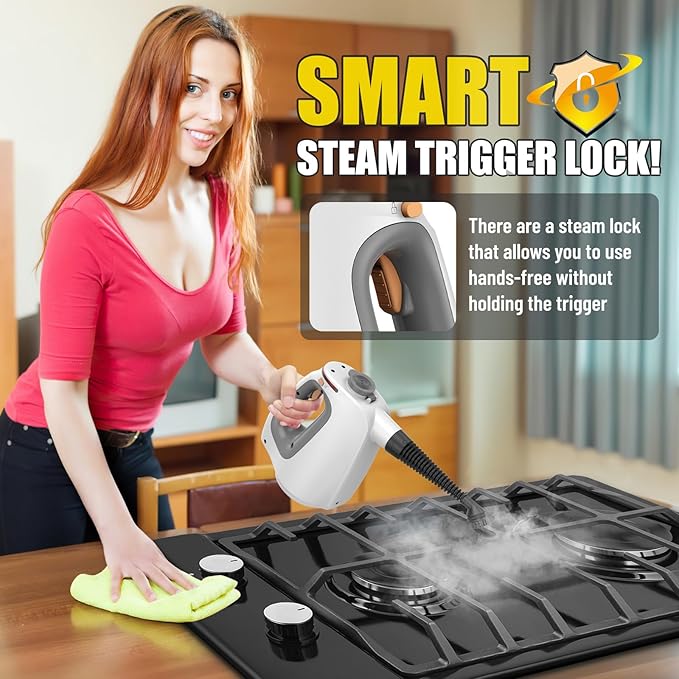 Heavy Duty Handheld Steam Cleaner for Cleaning with Lockable Steam Button&11pcs Accessories, Unlimited Water Addition for Continuous Steaming, Multi-Purpose Steamer for Cleaning Car, Grout (grey)