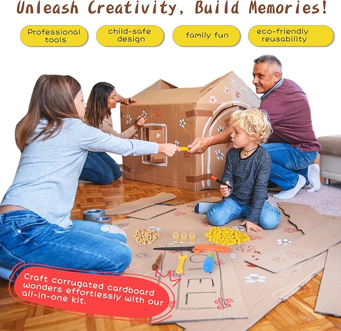 Cardboard Construction Tool Kit 163 Pieces-Educational Toys for at-Home Play + Classroom Learning | Reusable Cardboard Tools for Kids