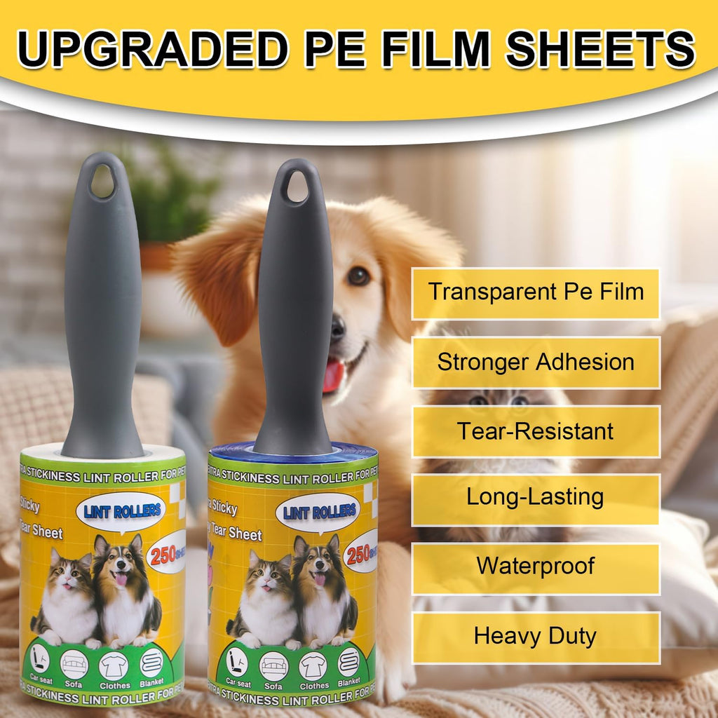 Lint Rollers 2 Pack for Pet Hair 500 Sheets Extra Sticky Pet Hair Remover for Clothes Furniture Carpet Cleaner Cars Dogs Travel-Friendly Grip Handle