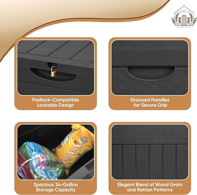 33 Gallon Deck Box, Small Outdoor Storage Box Waterproof, Lockable Secure Package Bin Delivery Box for Outside Front Porch, Patio Cushions Storage Box, Delivery Driver Snack Box for Porch, Black