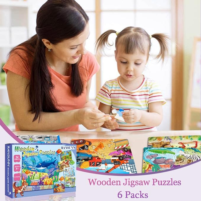 Wooden Puzzles for Kids Ages 3-5, 24 Piece Colorful Learning Toys for Toddler Children - Educational for Boys and Girls (6 Puzzles)