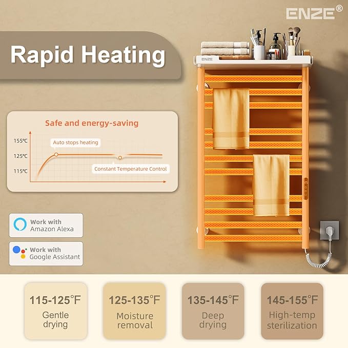 ENZE Heated Towel Rack with Shelf and Wi-Fi App Control, 11 Bars Electric Wall Mounted Towel Warmer with Timer & Adjustable Temperature, Low Carbon Steel, Plug-in/Hardwired, White