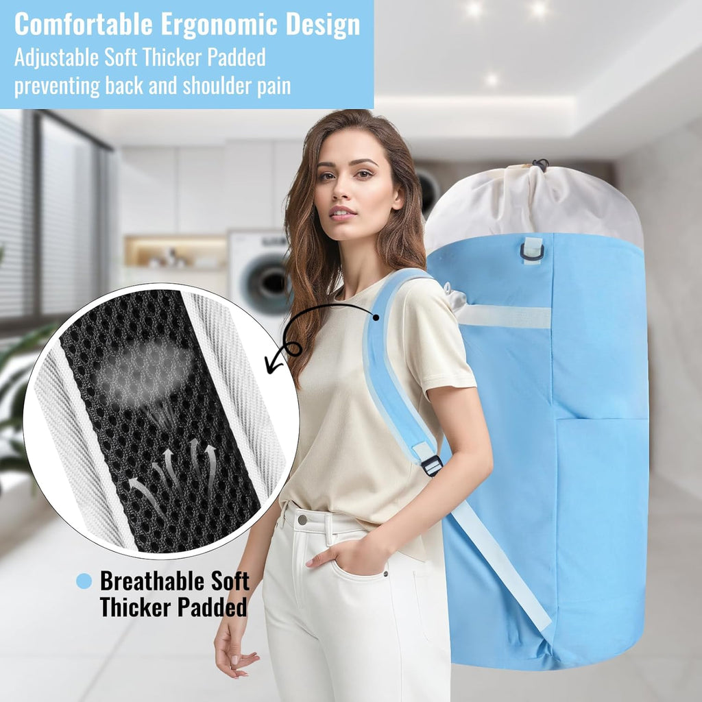 Laundry Bag Backpack, 125L Extra Large Travel with Shoulder Straps, Adjustable & Extendable Design, Laundry Hamper Bag with 3 Pockets for Laundromat, College, Travel, Camping (Light Blue)