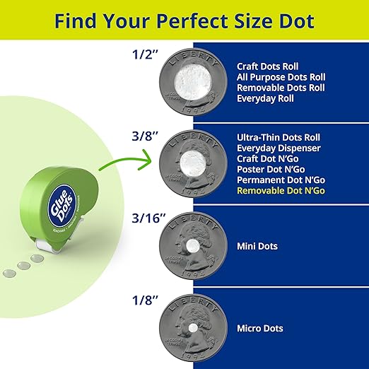 Glue Dots, Removable Dots Dot N' Go Dispenser, Double-Sided, 3/8", .38 Inch, 1200 Dots, DIY Craft Glue Tape, Sticky Adhesive Glue Points, Liquid Glue Alternative, Clear, 6 Pack