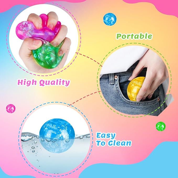 Stress Balls 4 Pack for Adults and Kids, Glitter Squeeze Toys, Sensory Toys for Kids with Autism, Squishy Fidget Toys for Stress and Anxiety Relief, Prize for Classroom