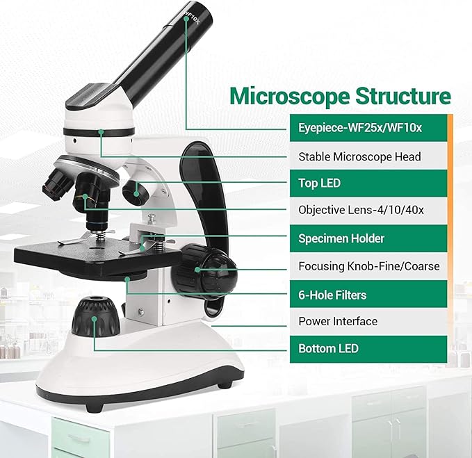 BNISE Microscope kit for Kids Adults Students, 40X-2000X Magnification, Prepared Slides Kit, Dual LED Illumination, All Glass Optics, and Cordless Capability for Children Beginner