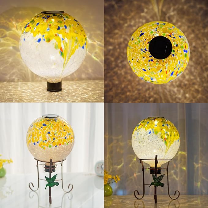 10" Diameter Solar Gazing Ball and 8.5" Metal Stand Indoor Outdoor Yard Art Ornament Coloful Spot Glass Globe Sphere Solar Gazing Balls for Garden,Lawn,Porch,Patio Birthday Gifts for Women,Mom