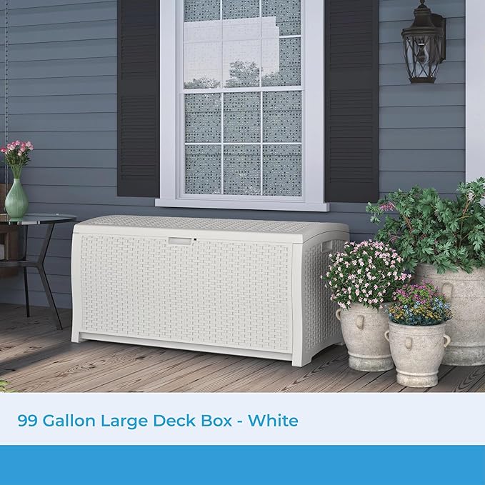 Suncast 99 Gallon Wicker Horizontal Outdoor Deck Box with Hinged Lid, Water-Resistant Storage Solution for Patio, Deck, Yard, and Garage, White, Made in the USA
