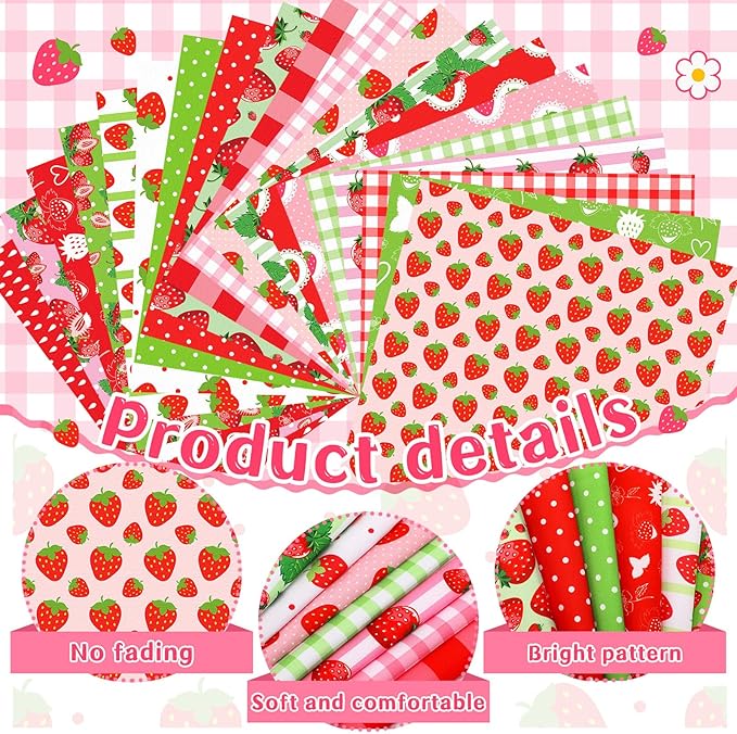 Ganeen 60 Pcs 10 x 10 Inch Strawberry Quilting Fabric Squares Multicolor Strawberry Printed Fabric Bundles Summer Fat Patchwork Precut Stripes for Summer Holiday Handmade Material Sewing DIY Crafts