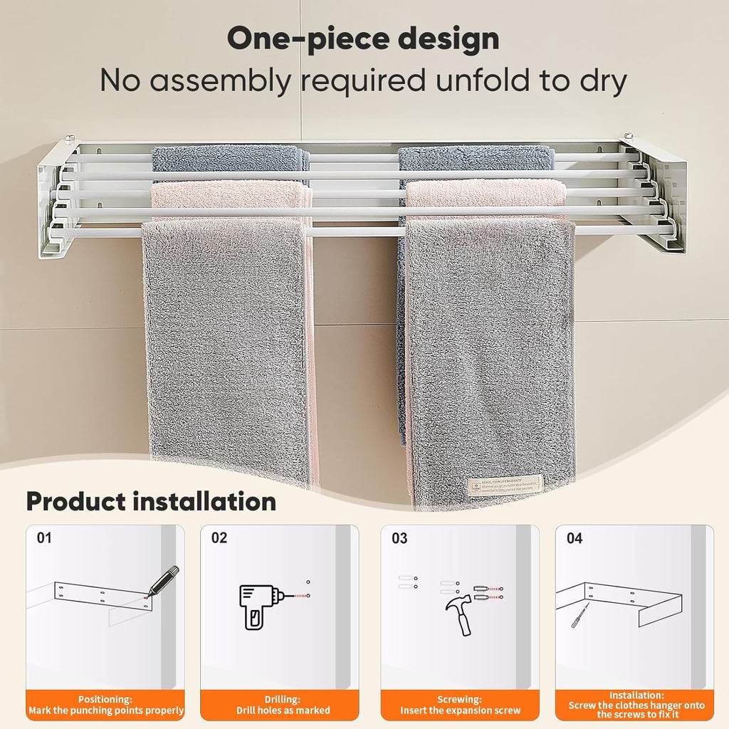 Clothes Drying Rack 20 inches Foldable Wall Mount Laundry Rack Folding Indoor Drying Rack Clothing Collapsible Hidden Space Saver with Wall Template 6 Rods White
