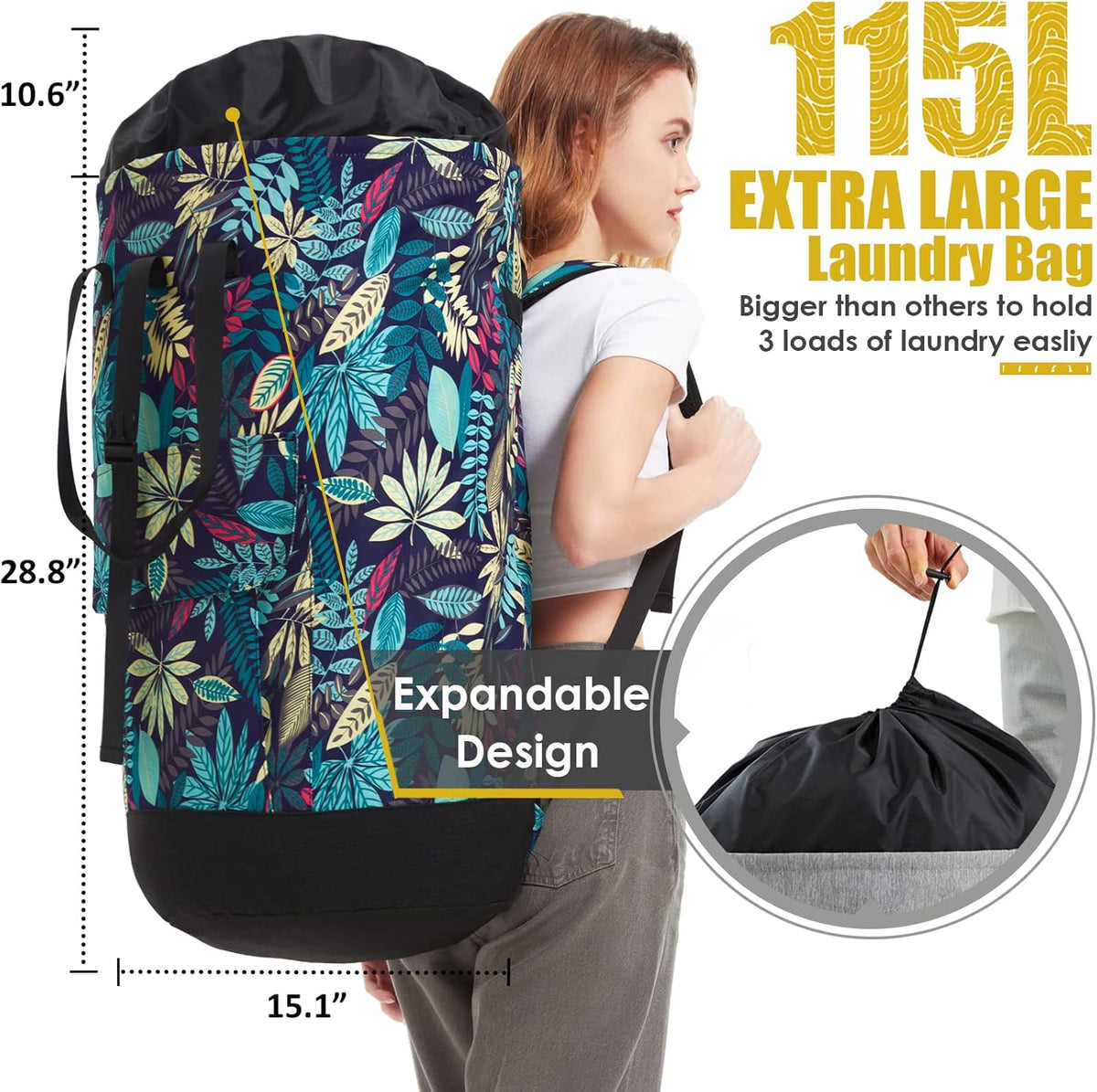 Laundry Bag for College,115L Backpack Extra Large Heavy Duty, Gifts College Dorm, Dorm Room Essentials Girls, Dirty Clothes Travel, Beach, Camping, Apartment and Laundromat, Leaves Jungle