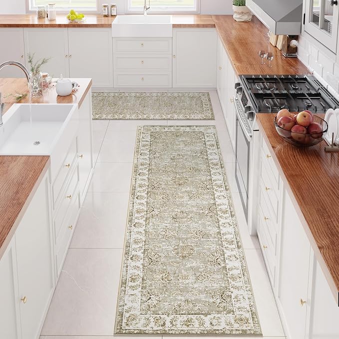 jinchan Runner Rug 3x8-2pcs Kitchen Washable Vintage Hallway Rug Floral Print Floor Cover Indoor Thin Retro Mat Accent for Bathroom Laundry Room Bedroom Office Farmhouse (Double,Taupe)