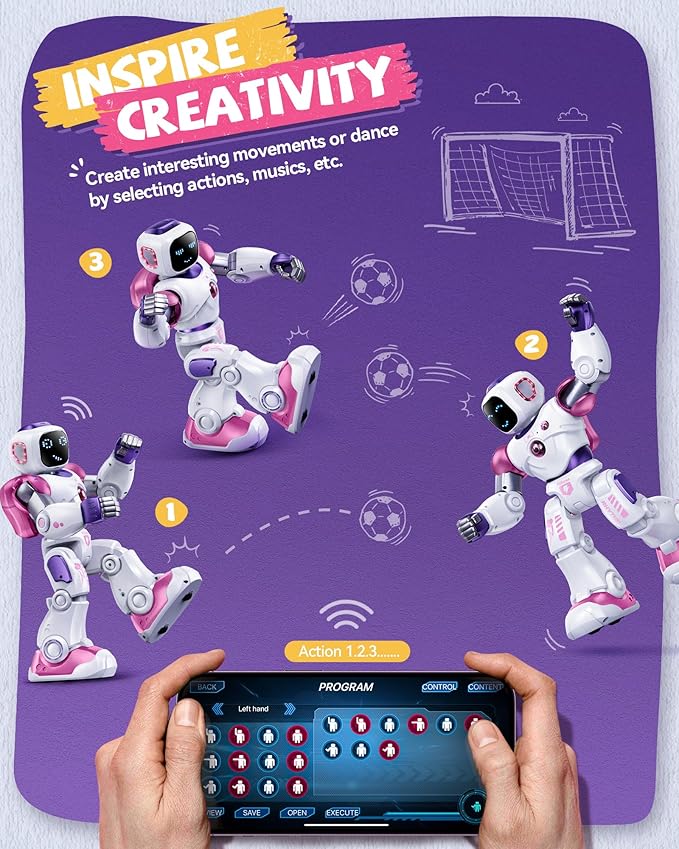 Ruko 1088 Smart Robot Toys for Kids, Large STEM Programmable Interactive RC Robot with Voice Control, App Control, Gifts for Boys & Girls Age 4 5 6 7 8 9, Pink