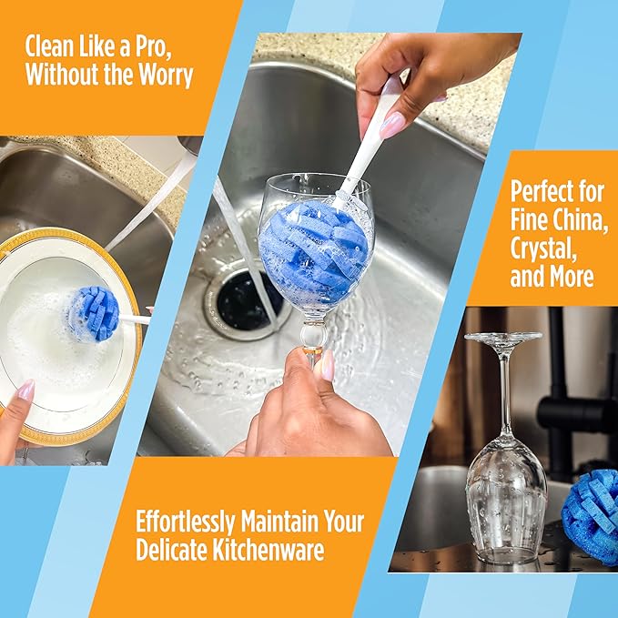 Compac Home Dish Wand China Scrubbing Sponge, Cleans Dishes and Glassware Effectively, Unique Round Ball Shape for All-Around Cleaning, Flexible Brushes are Gentle on Your Nice Dishes, 6 Count