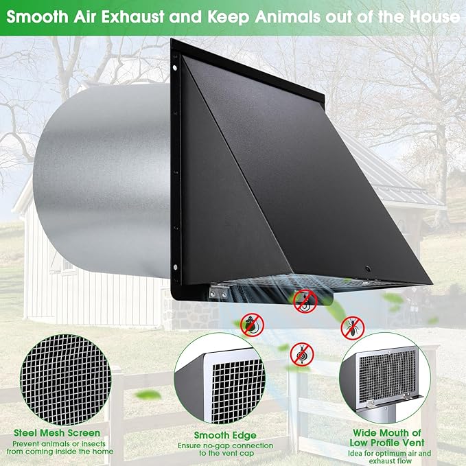12 Inch Wall Vent Hood Exhaust Vent Cap Dryer Vent Cover,Exterior Hooded Wall Vent with Screen and Damper for HVAC Duct Dryer AC Industrial Facilities Ventilation Outdoor Air Exhaust,Galvanized Steel