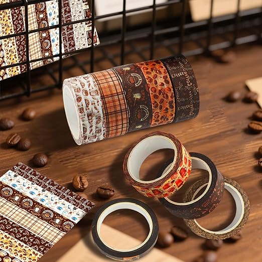 12 Rolls Coffee Washi Tape Set, Vintage Coffee Decorative Tapes, Retro Brown Watercolor Cafe Masking Tape for Journaling, Scrapbooking, Planner, DIY Arts Crafts Supplies, Gift Wrapping 16.4FT