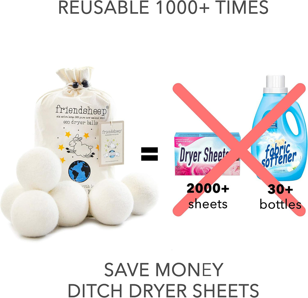 Friendsheep Wool Dryer Balls, Organic Reusable Fabric Softener Alternative for Laundry, Handmade, Fair Trade, Hypoallergenic, Eco-Friendly, Plastic-Free (6 Pack XL – Creamy White)