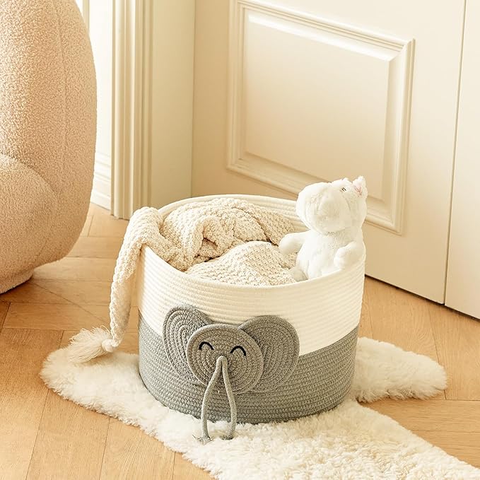 Large Baby Cute Storage Basket for Organizing -Elephant White & Grey 15""x15""x11"", 2024282319065