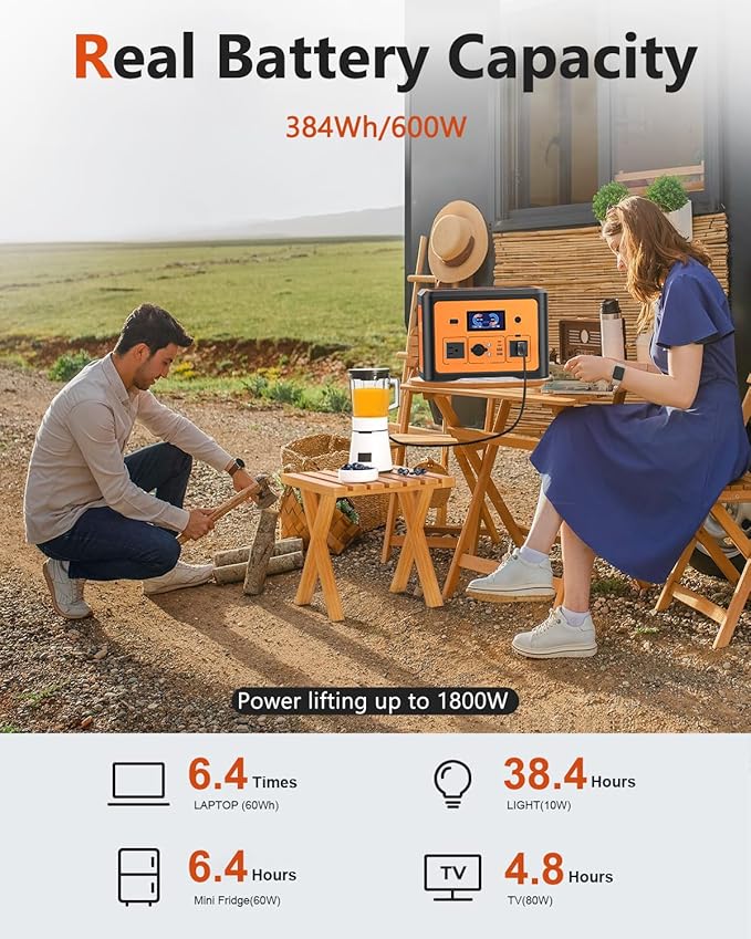 Portable Power Station 600W(Peak 1800W), Solar Generator with 384WH LiFePO4 Battery, 10 Outputs & UPS Battery Backup, Generators for Home Use, Camping, Emergency Power Outage, RV, CPAP