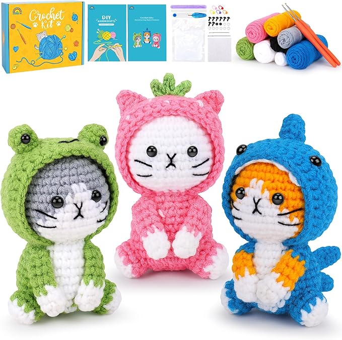 Crochet Kit for Beginners - 3 PCS Crochet Kits with Step-by-Step Video Tutorials, Beginner Crochet Kit for Adults Kid, Crochet Animal Kit for Starters, Cat Dressed as Shark Frog Strawberry