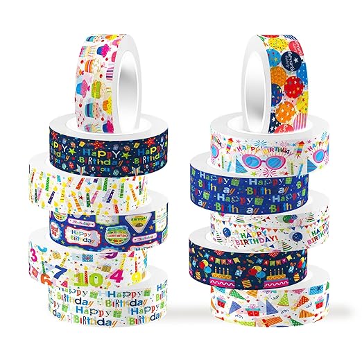 12 Rolls Happy Birthday Washi Tape, Colorful Cake Candles Masking Tapes, Balloons Birthday Hat Decorative Washi Tape for Birthday Party Gift Wrapping Scrapbooking DIY Art Crafts 16.4FT